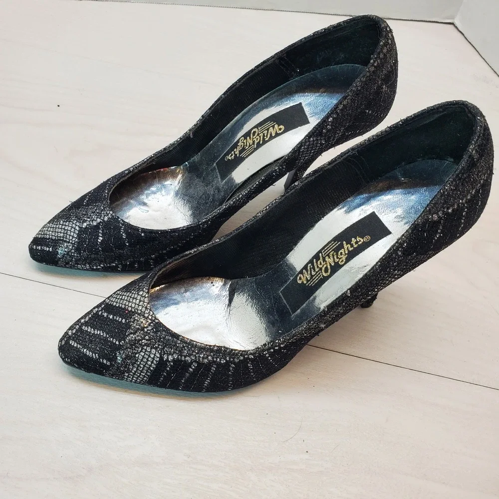 Wild Nights Womens Black Silver Metallic Lace Pointed Toe Stiletto Pumps Size 7B